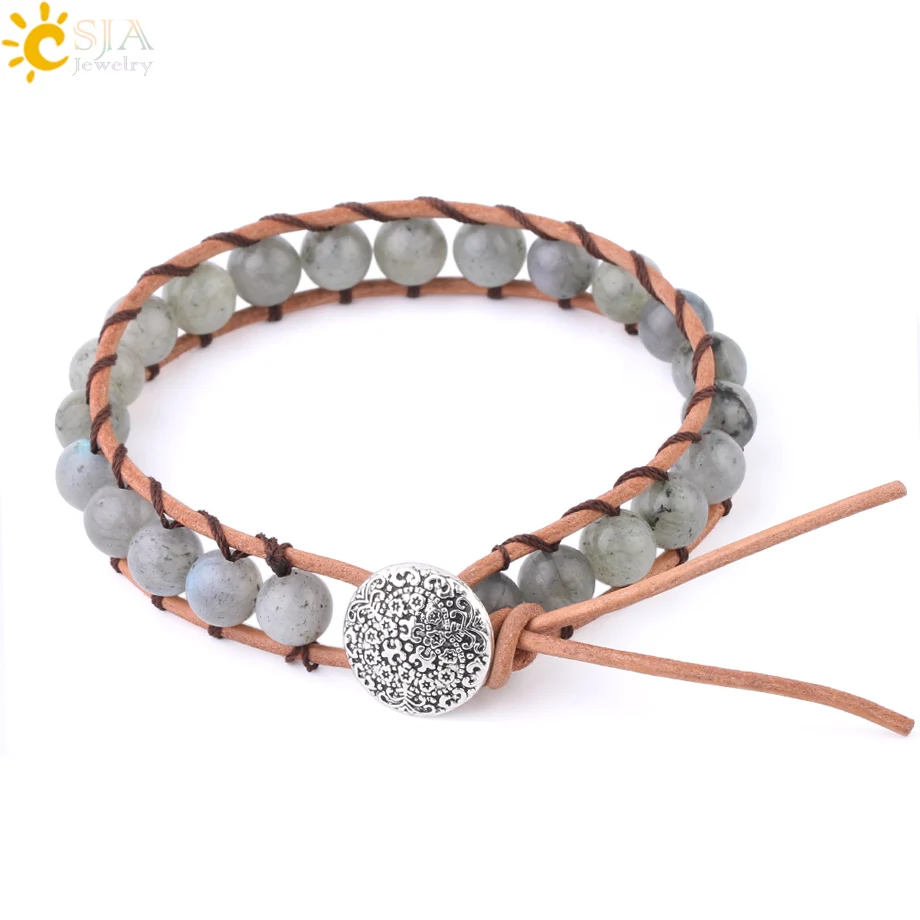 

CSJA Boho Handmade Bracelet Natural Stone Spectrolite Gray Labradorite Braided Bracelets Two Rows Leather Wrap Wrist Bangle F622