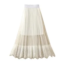 Корейский стиль, Летняя Сексуальная кружевная прошитая сетчатая юбка, женская черная белая сетчатая однотонная прямая юбка, Женская кружевная юбка средней длины