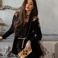 Новинка, черный костюм, ветровка, зимняя куртка с длинным рукавом, с одной пряжкой, расшитая бисером, с блестками, пальто, вечерние, Клубные, рождественские пальто