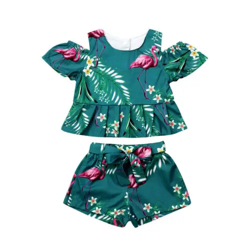 

Girl Clothes Summer Toddler Kids Baby Girls Flamingo Floral Off Shoulder Tops +Shorts 2PCS Outfits Set Clothes