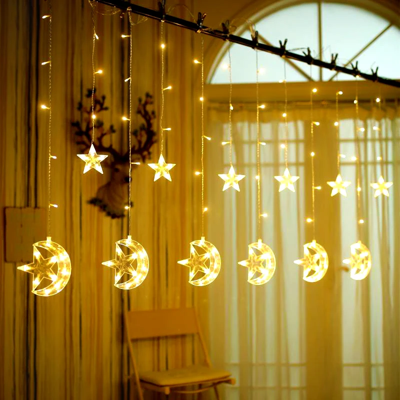 

Twinkle Star LED Star Moon Curtain String Lights Window Curtain Decoration Lights with 8 Flashing Modes for Party and Patio Lawn