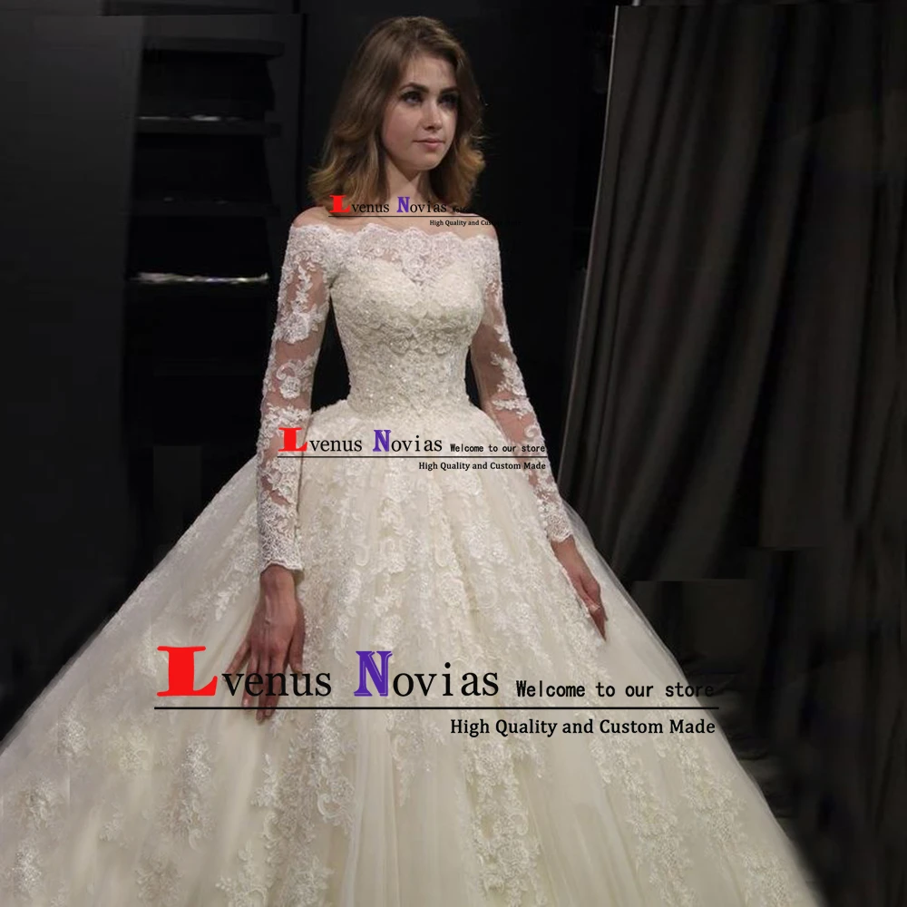 Vestido novia, винтажное бальное платье с вырезом лодочкой, свадебные платья, свадебное платье для невесты, роскошное кружевное свадебное платье с бусинами и длинным рукавом