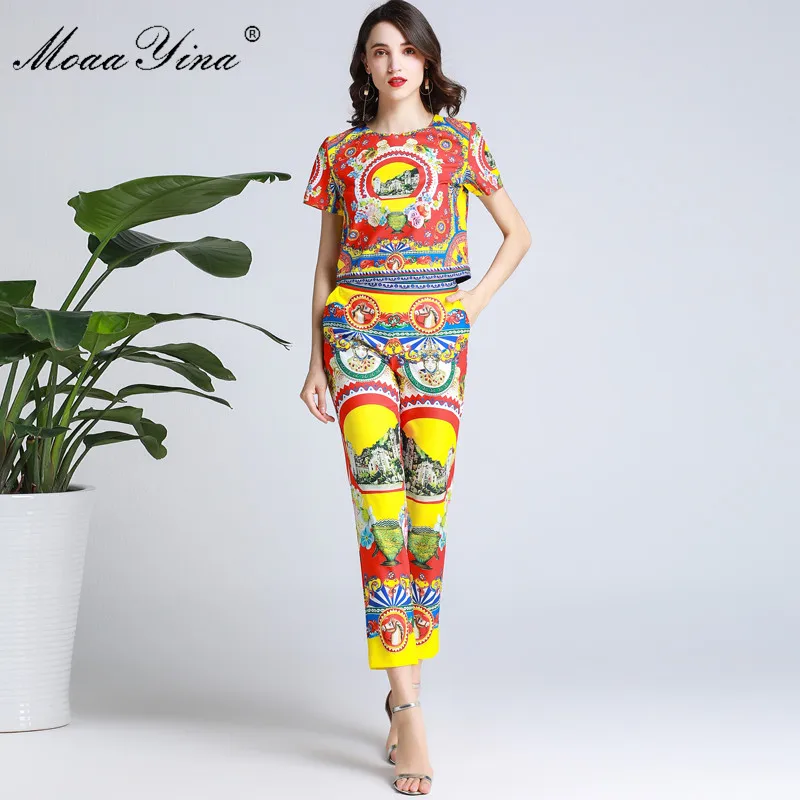 

MoaaYina Fashion Designer Set Spring Summer Women Short sleeve Vintage Print Elegant Shirt+3/4 pants Two-piece suit