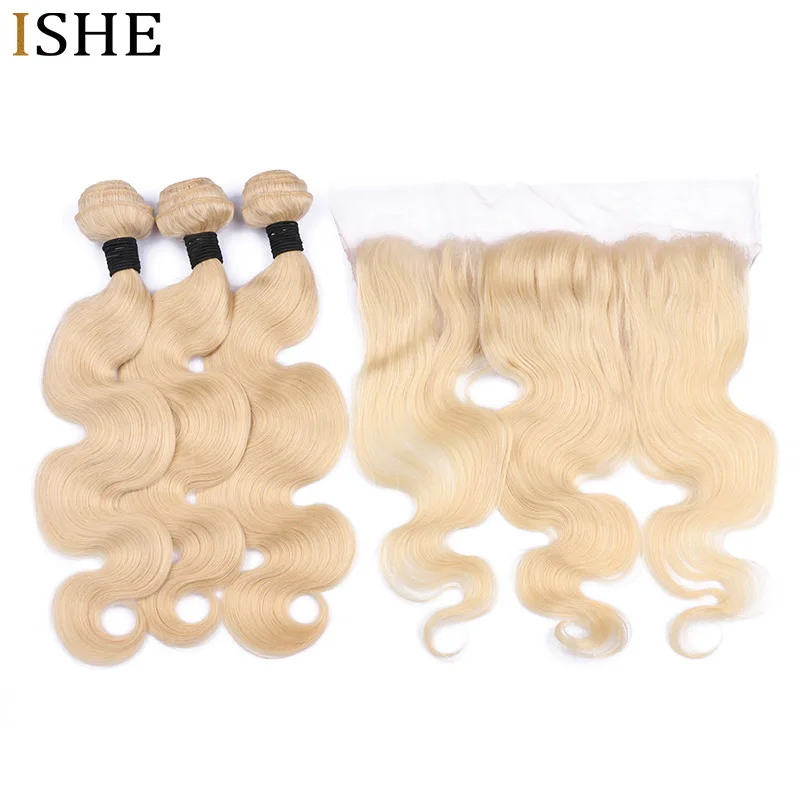 ISHE 613 Blonde Bundles With Frontal Brazilian Body Wave With Frontal Remy Blonde Human Hair Lace Frontal Closure With Bundle