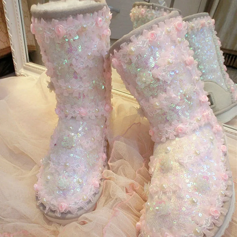 

Hade Made Colorful Bling Sequin Women Boots Shiny Snow Boats Round Toe Short for Lady Girl Party Banquet Prom Student Mid-calf