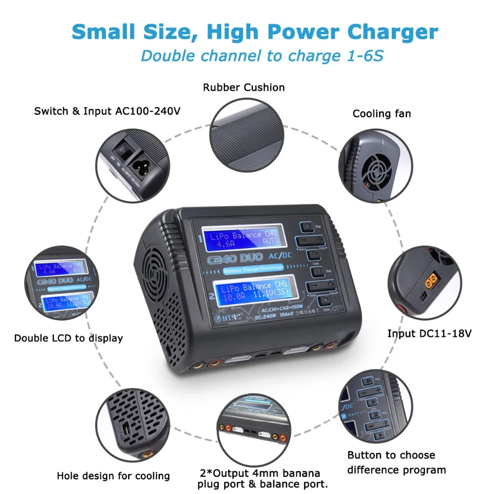  HTRC AC 150W DC 240W Dual Channel RC Balance Lipo battery Charger LiHV LiFe Lilon NiCd NiMH PB Batt