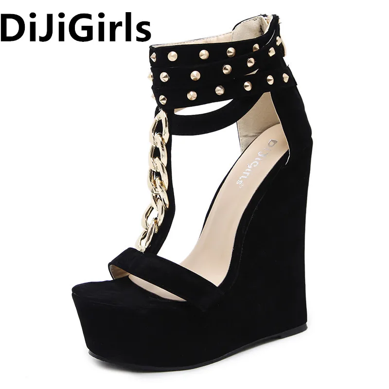Sexy Diseñador Tacones Mujer Peep Negro Metal Cadena 2017 Verano dxoBrCe