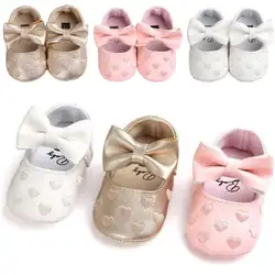 Новорожденные Девочки Малыши кроватки обувь ребенок бантом на мягкой подошве для младенцев обувь PU первые детские Сникеры