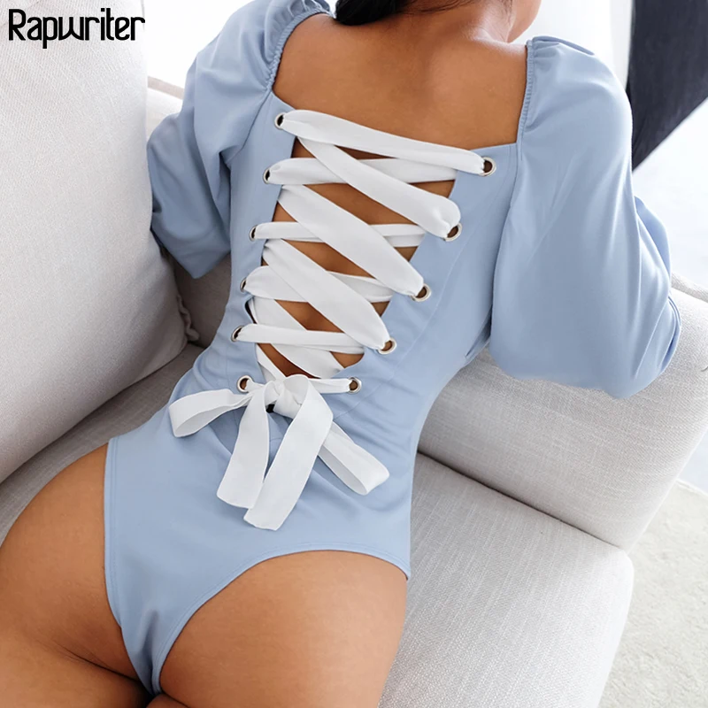 

Rapwriter Sexy Backless Panelled Lace Up Square Collar Lolita Style Bodysuits Women 2018 Long Flare Sleeve Open Crotch Bodysuit