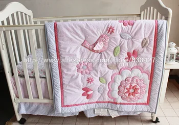 

Ups Free Appliqued 3D Pink Birdie Flower Baby kit cradle for babies bumper Bedding set Quilt Sheet Bumper Bed Skirt Included