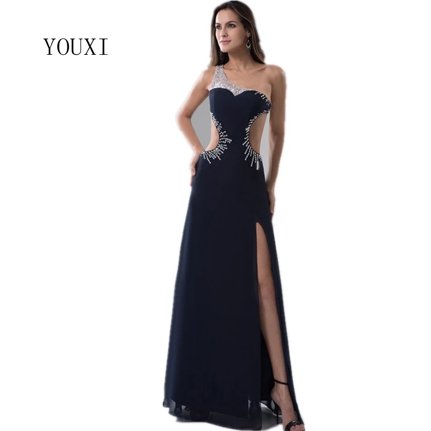 navy backless prom dress