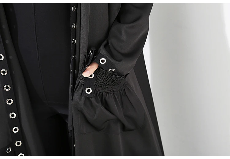 Корейский стиль Женская очень длинная однотонная Черная куртка открытый дизайн Длинная лента прошитая металлическими отверстиями Женская стильная Свободная куртка 3843