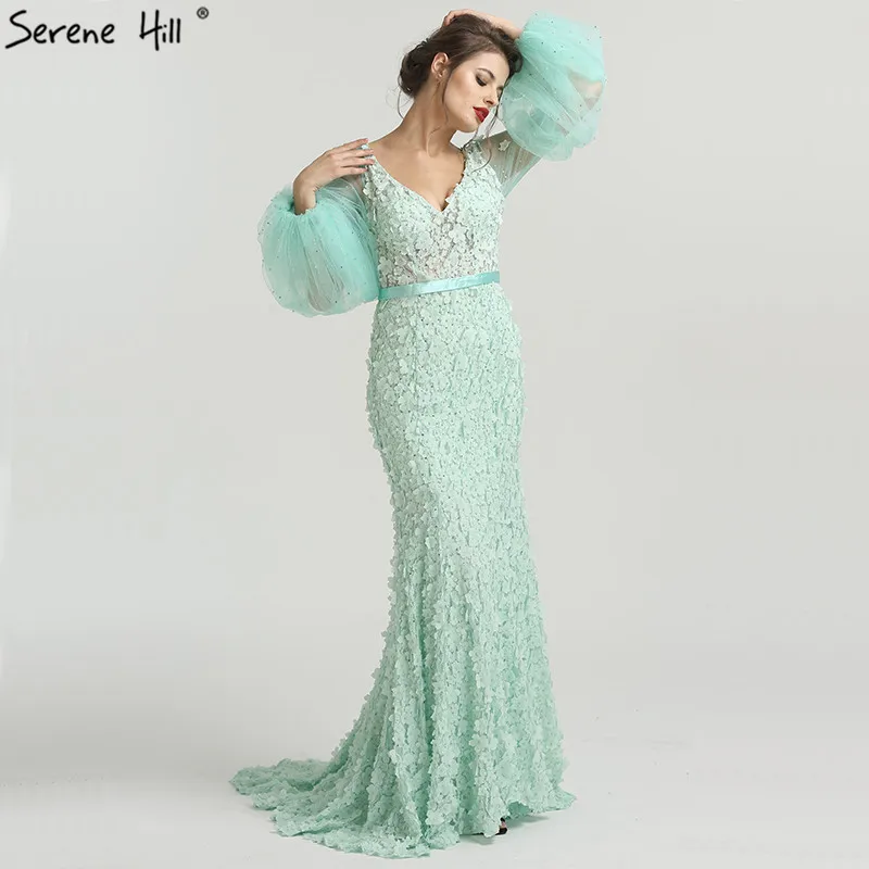 Long Sleeve Mint Green Beaded Floral Mermaid Formal Evening Party Prom