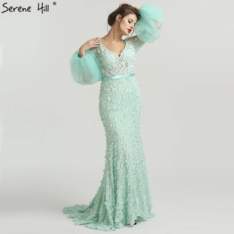 green beaded gown