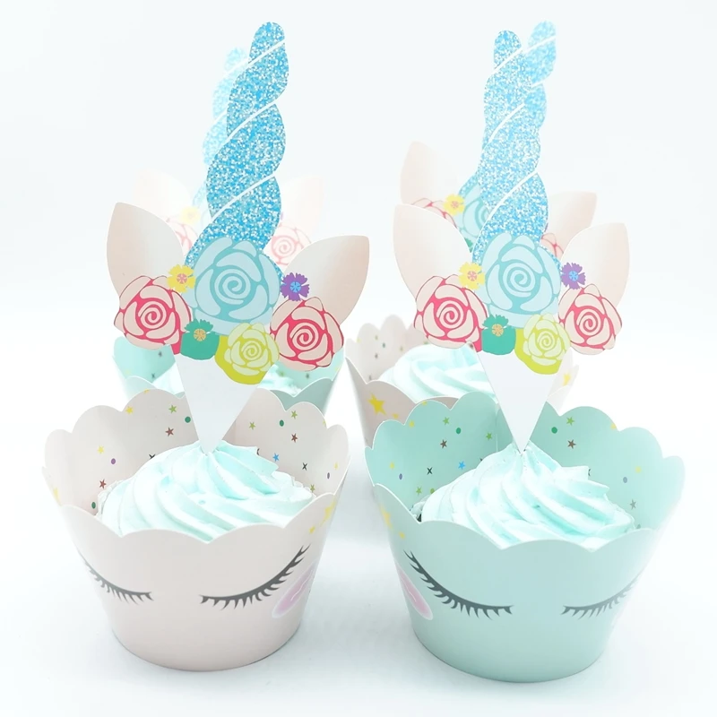 

12set/pack Unicorn Flamingos Cupcake Wrappers Topper Happy Birthday Baby Shower Kids Cake Decor Supplies(12 wraps+12 topper)