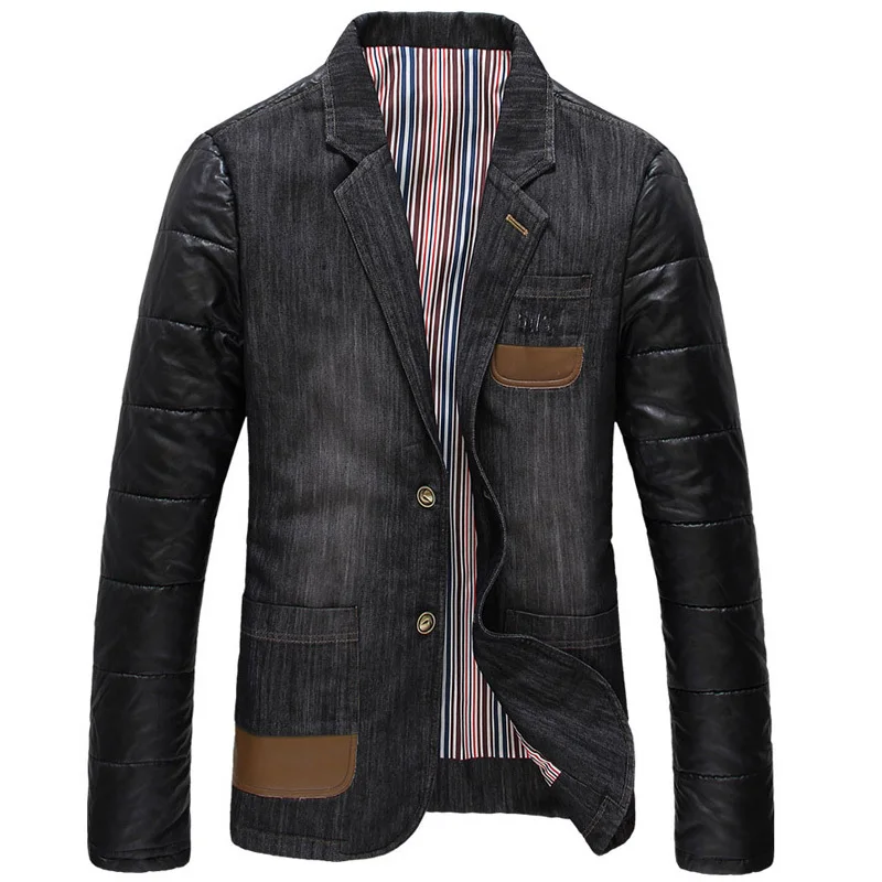 Autumn Winter Mens Denim Blazer Suit , The Pu Leather Patchwork