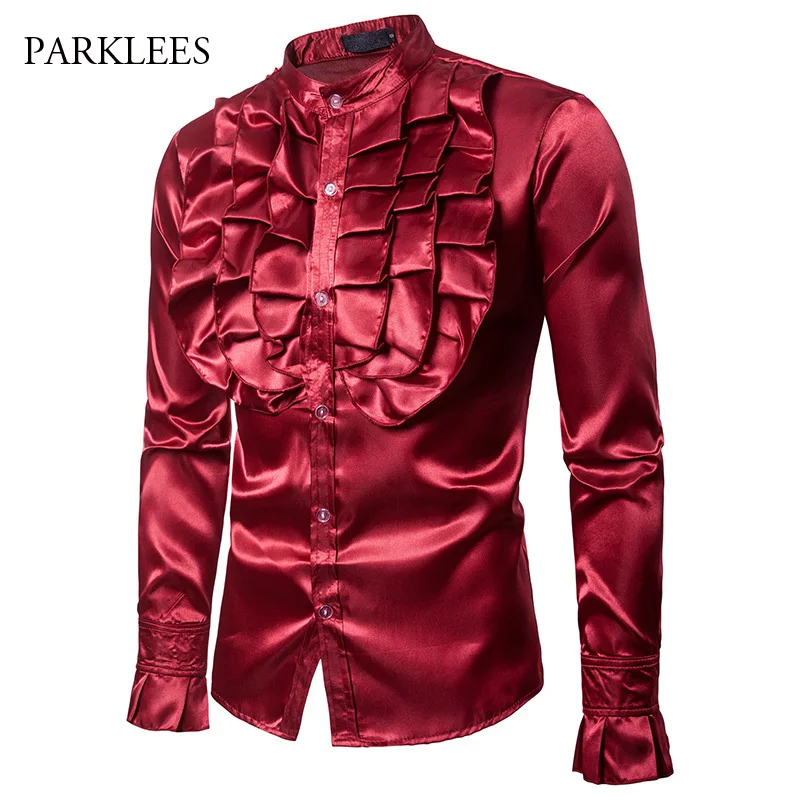 

Wine Red Big Flower Men Shirt Silk Satin Petal Sleeve Tuxedo Dress Mens Shirts Stage Party Wedding Dinner Prom Camisa Hombre XXL