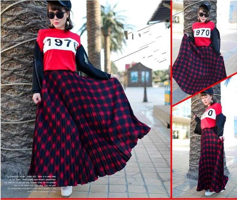 Linha de Cintura Mulher Saia Xadrez Primavera Verão Uma Alta Longo Plissado Maxi Saias Femme 10 High Quality Moda Feminina