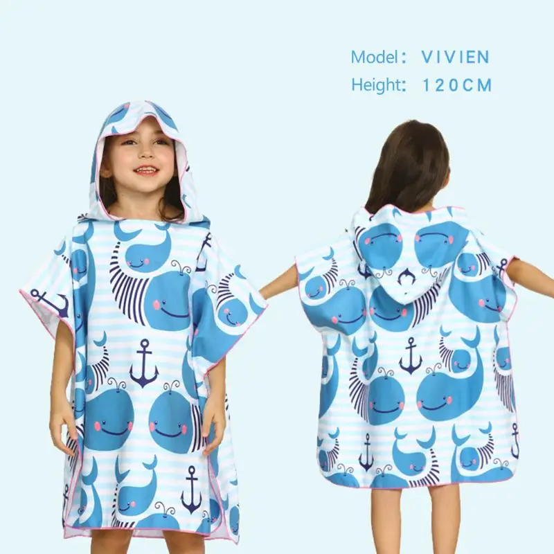 

Toddler Children Hooded Beach Towel Cute Cartoon Whale Anchor Printed Pullover Swim Pool Coverup Poncho Cape Bath Rope Multiuse