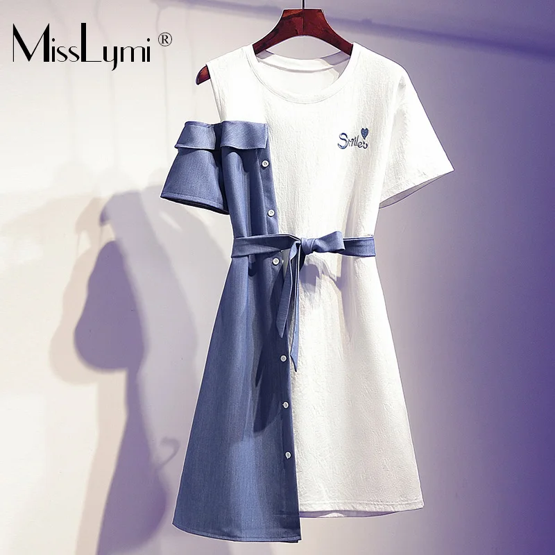 

XL-5XL Plus Size Women Off Shoulder Shirt Dress Summer 2019 Short Sleeve Letter Embroidery Denim Patchwork Cotton Casual Dresses