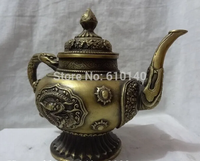 

9" China Bronze 8 Auspicious Symbol Statue Dragon Buddhism Wine Pot Teapot