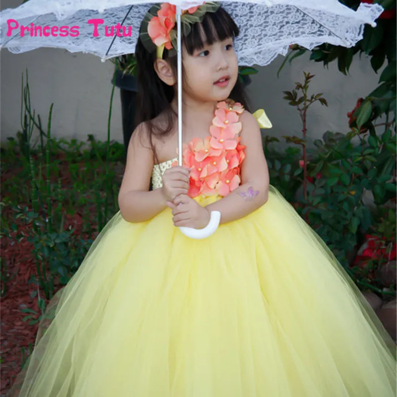 Платье-пачка с одним плечом; фатиновые Платья с цветочным узором для девочек; платье принцессы для свадебной вечеринки; Детские костюмы для конкурса подружек невесты