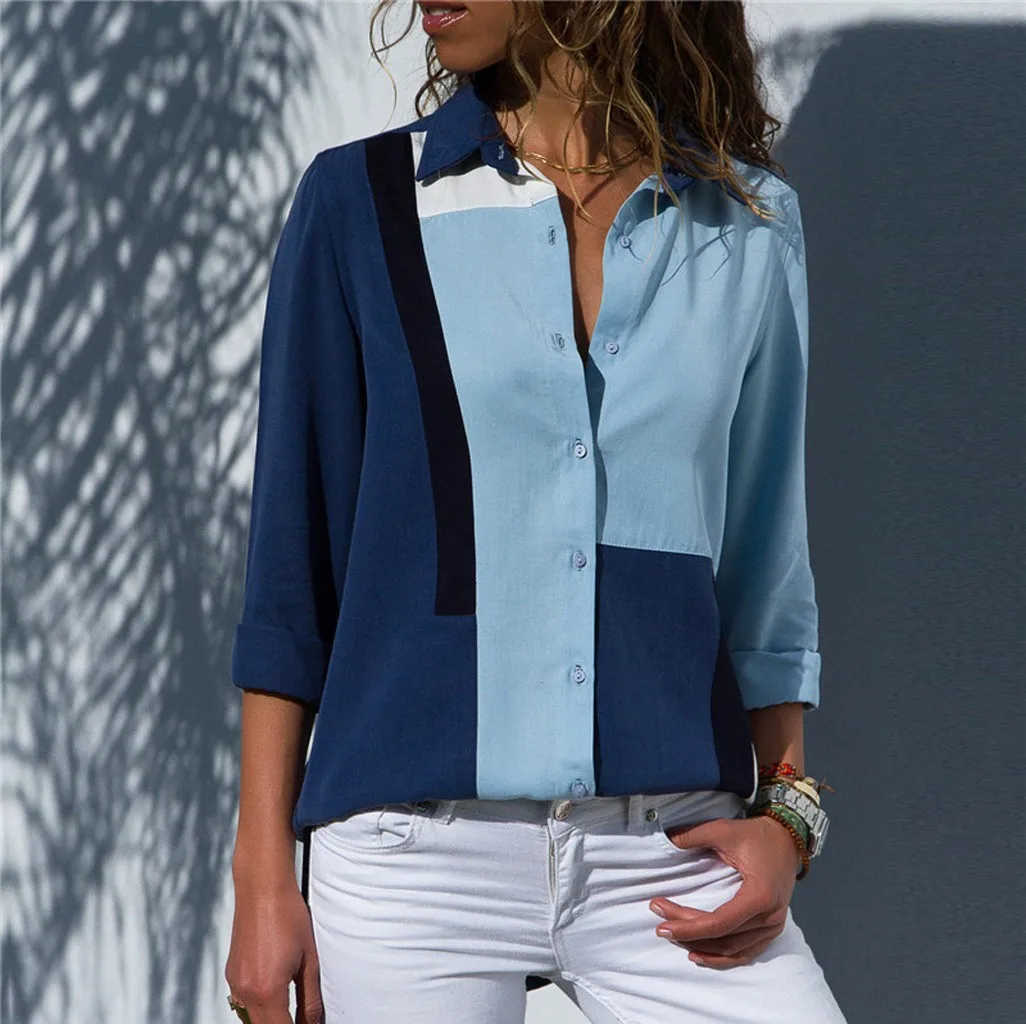 

Women's Button Long Sleeve Color Block Fashion Printing T-Shirt Dames Tee Shirts Lange Mouwen Womens Tops And Shirts Hot Sales