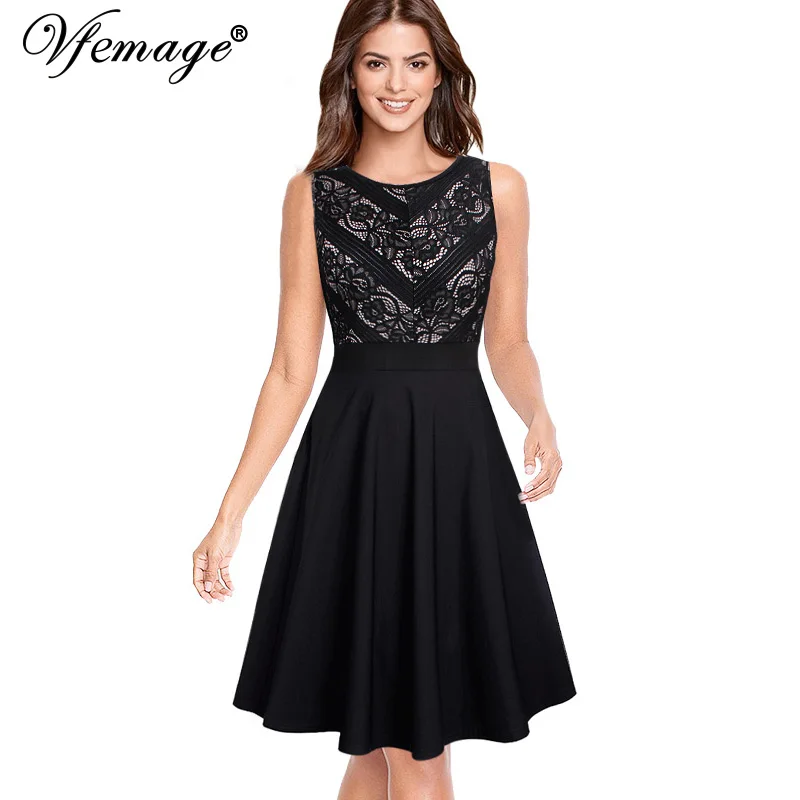 

Vfemage Women Elegant Floral Lace Pocket Patchwork Casual Work Office Business Party Vestido Flare Swing Skater A-Line Dress 365