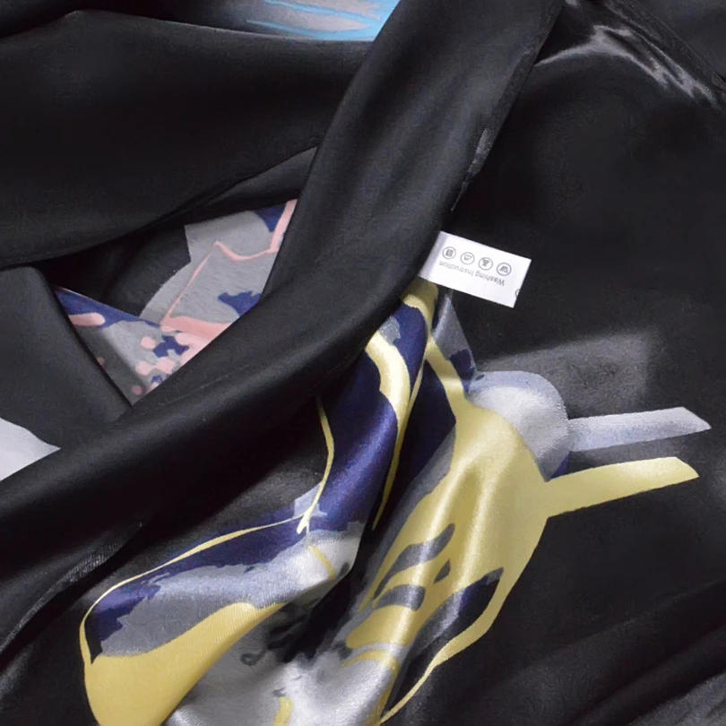[BYSIFA]Women Men Black Silk Scarf Shawl New Design Spring Autumn Accessories Ladies Genius Flowers Satin Scarves Wraps 90x90cm 6