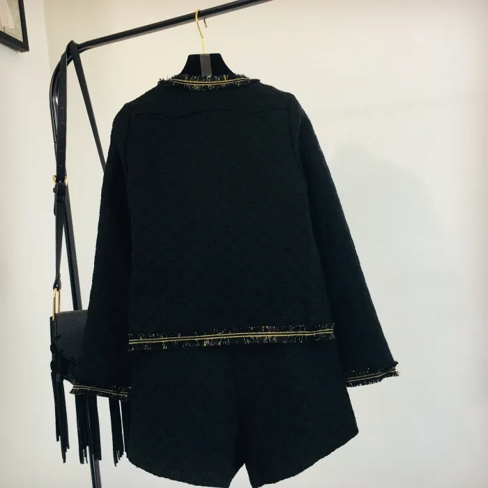 Piste Blazer Bouton Shorts Pièces Mode Pièce Noir Lxunyi Femmes Veste Tweed Costume Ensemble Patchwork Hiver Automne De 2 Deux wxf6H
