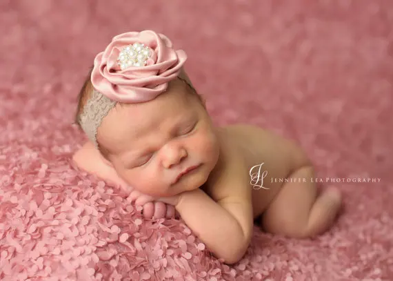 Розовые повязки на голову для новорожденных девочек с цветами, жемчужные стразы, эластичная Кружевная повязка на голову, Детские аксессуары для волос