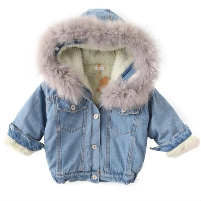 Теплая зимняя верхняя одежда для маленьких девочек; детская джинсовая куртка; детская одежда из овечьей шерсти и кашемира; плотная куртка с большим меховым воротником для маленьких девочек; пальто