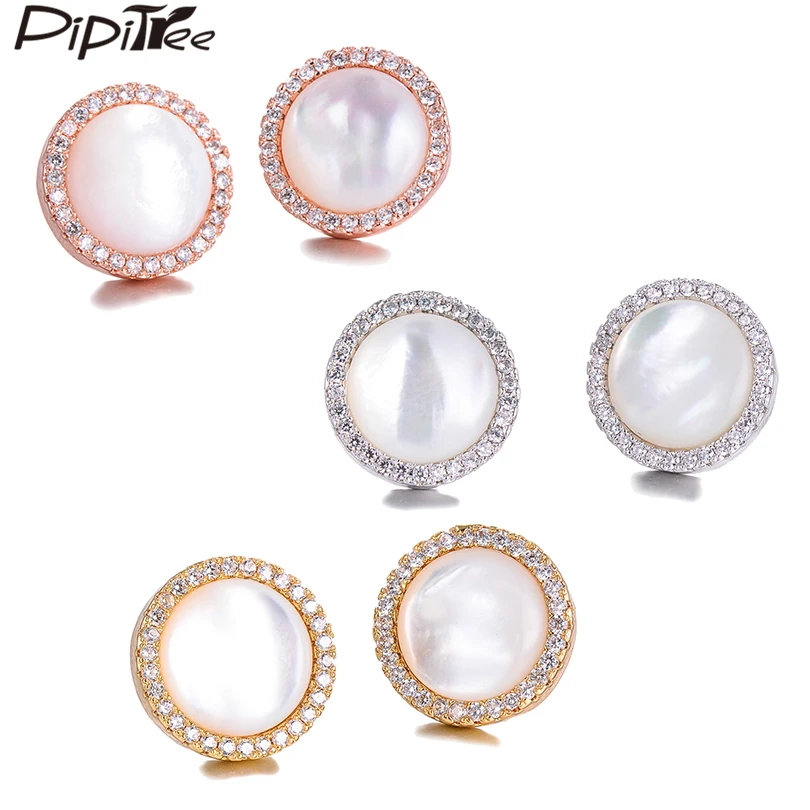 Pipitree элегантные натуральные сережки в виде ракушек для женщин женские 13 мм круглые серьги-гвоздики с кубическим цирконием модные ювелирные изделия подарок