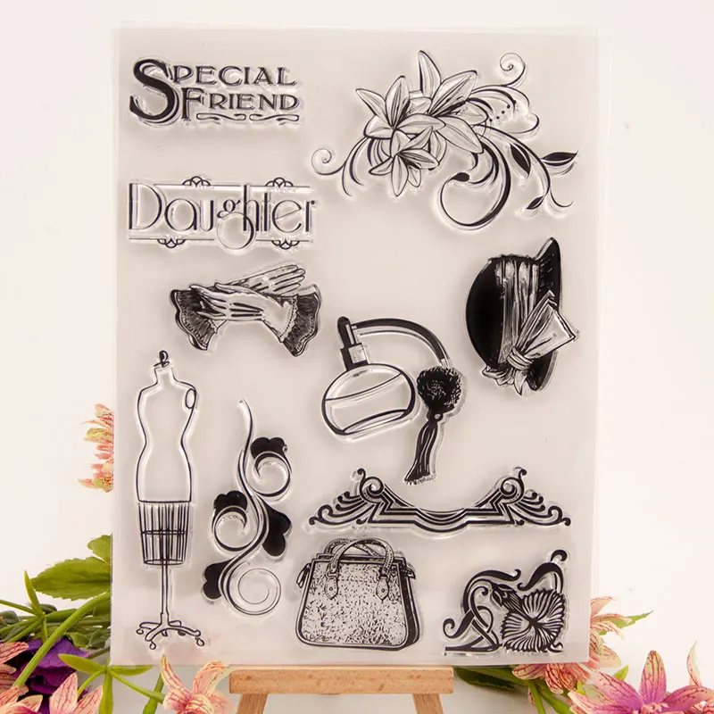 

Girl Hat and Bags Stamp Transparent Clear Stamps Silicone Seal for DIY Scrapbooking Card Making Photo Album Decoration Crafts