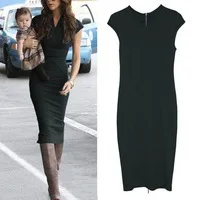 Classic Black Women Vintage Temperament V-neck Slim Contrast Fitted Bodycon Stretch Casual Wiggle Pencil Knee-Length DressXS-XL