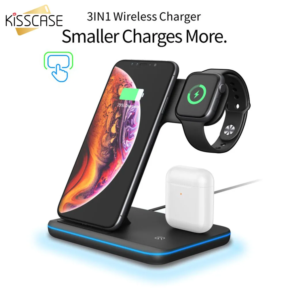

KISSCASE 3 in 1 Wireless Charger For Apple Watch Airpods 10W Qi Wireless Charger For iphone Stand Holder For Apple Watch Charger