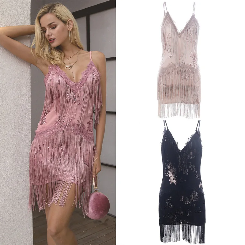 

Sexy Bodycon Halter Sequin Tassel Lace Dress Women Backless Vintage Spaghetti Strap Evening Club Christmas Party Latin Dress