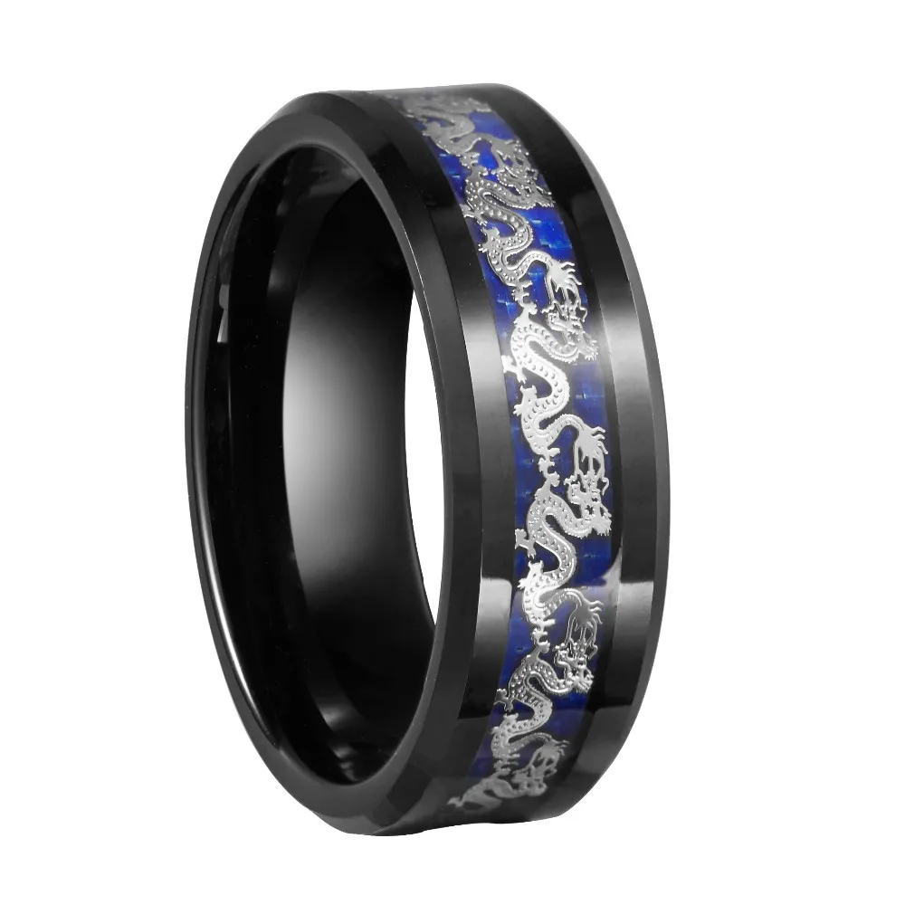 Queenwish 8mm Black Tungsten Carbide Ring Silvering Dragon Blue Carbon Fibre Inlay Mens Wedding Bands Jewelry