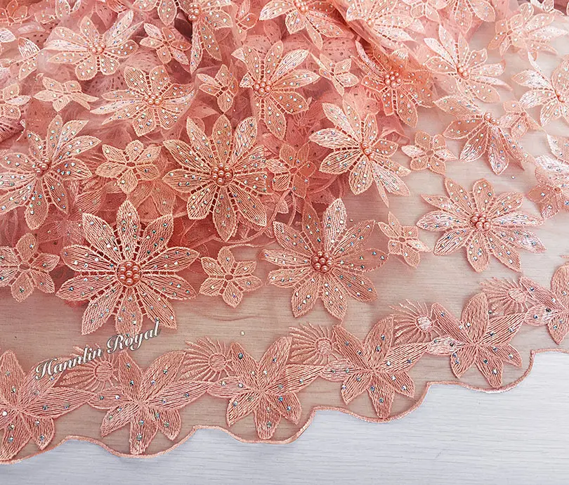 Linda Pêssego frisado tule floral guipure laço francês Africano laço Suíço tecido com lotes de pedras de 5 metros alta qualidade Venda Quente