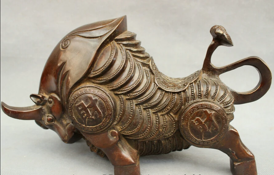 

S4022 12" Folk Chinese Year Zodiac Bronze Wealth Running Cai Bull Ox Statue Sculpture D0318