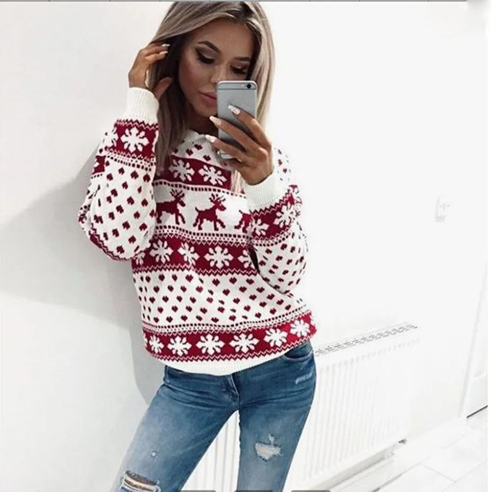 Christmas Sweatshirt Women Elk Snoeflake Printed Pullover Round Neck Long Sleeve Tracksuit Xmas Sudaderas Mujer#YJ - Color: Red