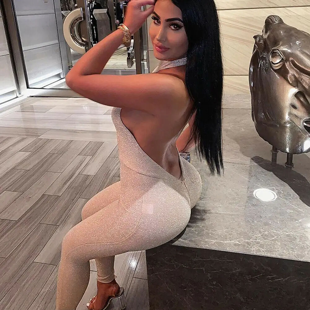 

Women Ladies Halter Neck Silver Wire Backless Zipper Clubwear Playsuit Bodycon Party Long Pencil Trousers Jumpsuit Romper