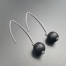 LII Ji натуральный 12 мм матовые черные бусины из агата 925 пробы серебро болтающиеся длинные серьги