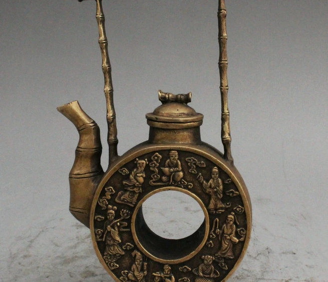 

8" China Buddhism Bronze Eight Immortal God Buddha Statue Wine Tea Pot Flagon