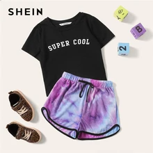 SHEIN Kiddie черная футболка с буквенным принтом и шорты с завязками на талии комплекты для девочек г. Летняя детская одежда с короткими рукавами