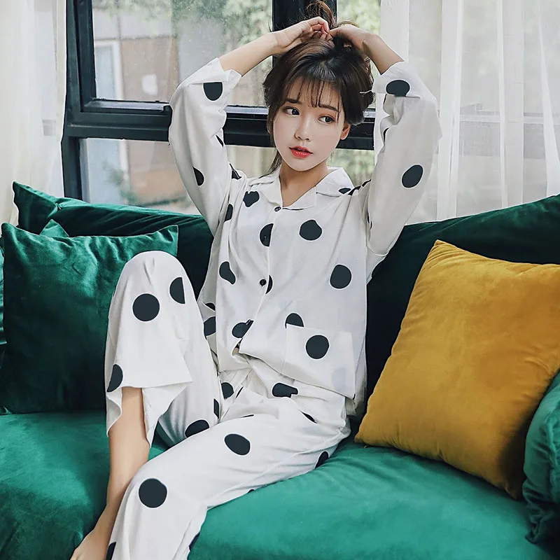 

Polka dot cotton pijamas women set 2019 spring sleepwear long pyjamas for women new arrival women set clothing PHOENTIN FG008