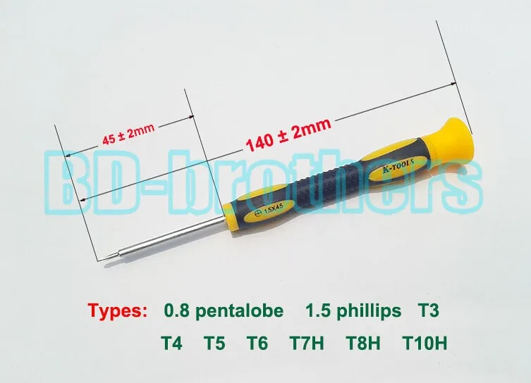 Высокое качество CR-V 45 мм резиновой ручкой 140 мм Отвёртки S 0.8 Pentalobe 1.5 Phillips T3 T4 T5 T6 t7h t8h t10h Отвёртки 500 шт