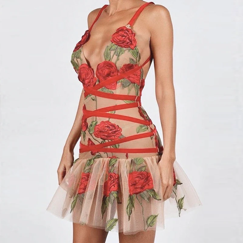 

Elegant Embroidery Flowers Women Bandage Dress High Quality Fashion Show Spaghetti Strap Bodycon Wedding Party Dress Wholesale