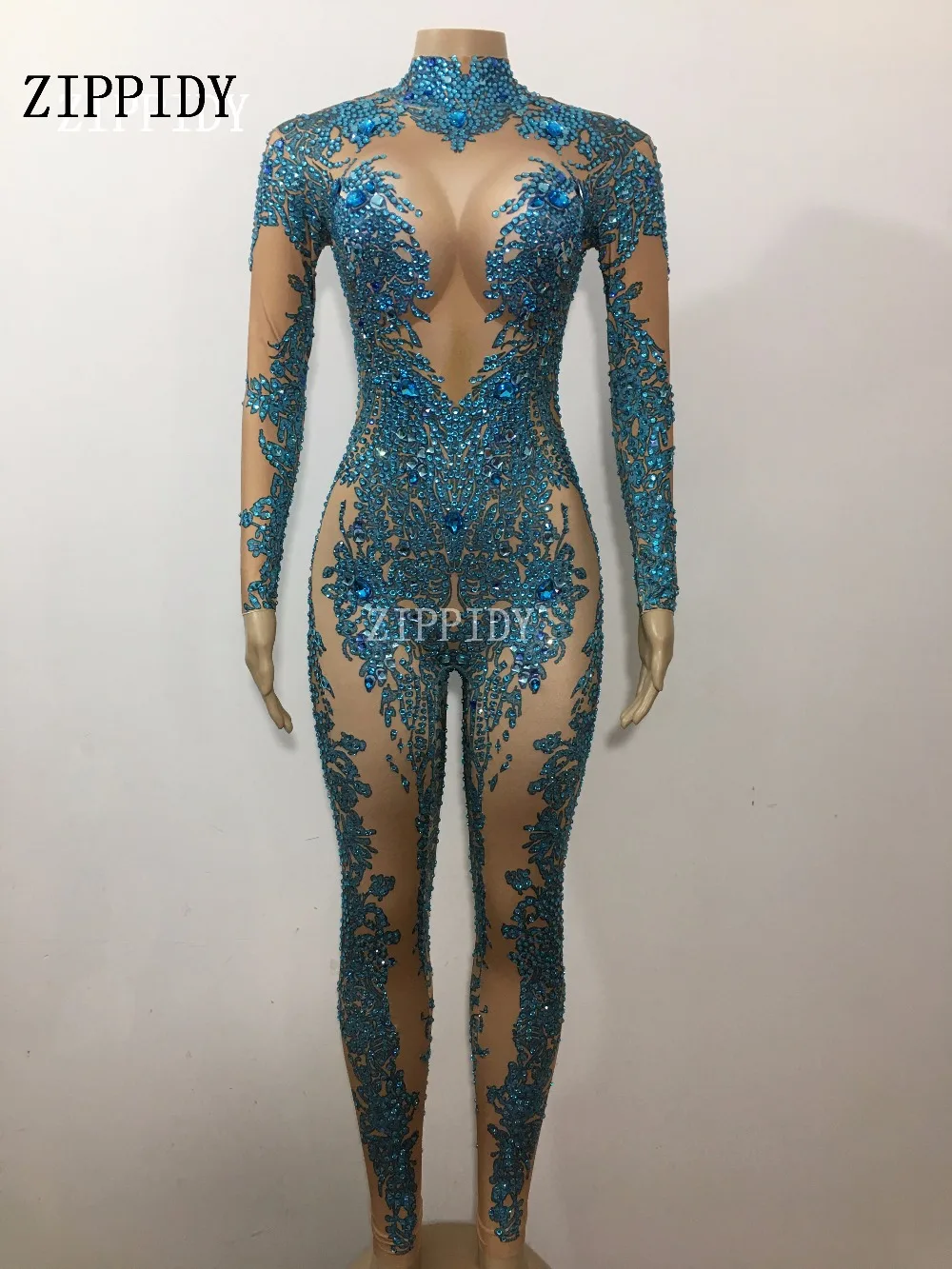 Модный Блестящий Комбинезон с синими камнями, женский сексуальный стрейчевый танцевальный костюм, Цельный боди для ночного клуба, вечерние леггинсы