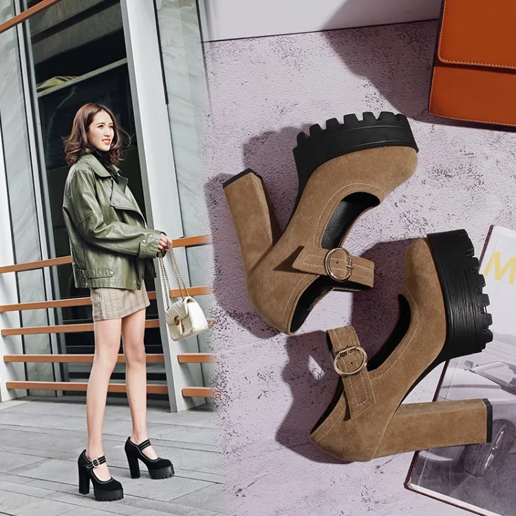 

PXELENA 2018 Punk Rock Gothic Pumps Womens Ankle Strap Shallow Round Toe Flock Thick High Heels Platform Shoes Office Lady 34-43